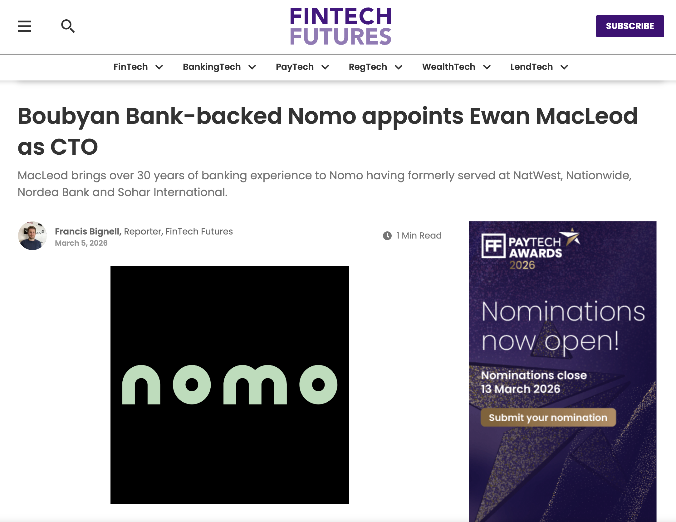 FinTech Futures: Nomo appoints Ewan MacLeod as CTO